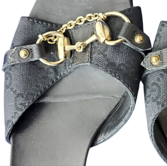 Gucci Canvas Horsebit Mules Black Kitten Heels Size 8.5 Vintage - Picture 7 of 11